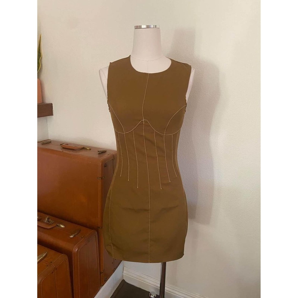 Missguided ASOS Camel Brown Boob Outline - White Stitch Detail Mini Dress Size 2